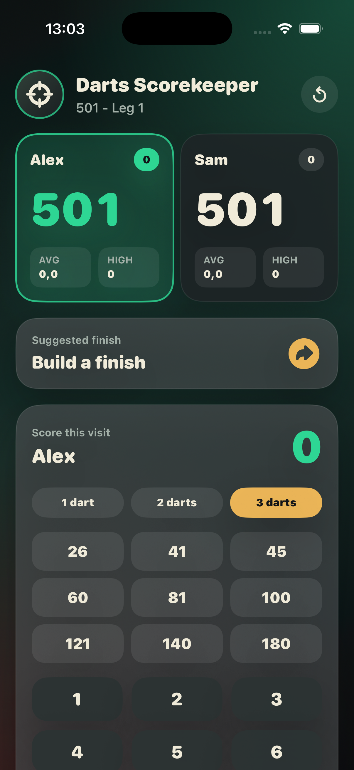 Darts Scorekeeper match screen showing player scores and suggested finish.