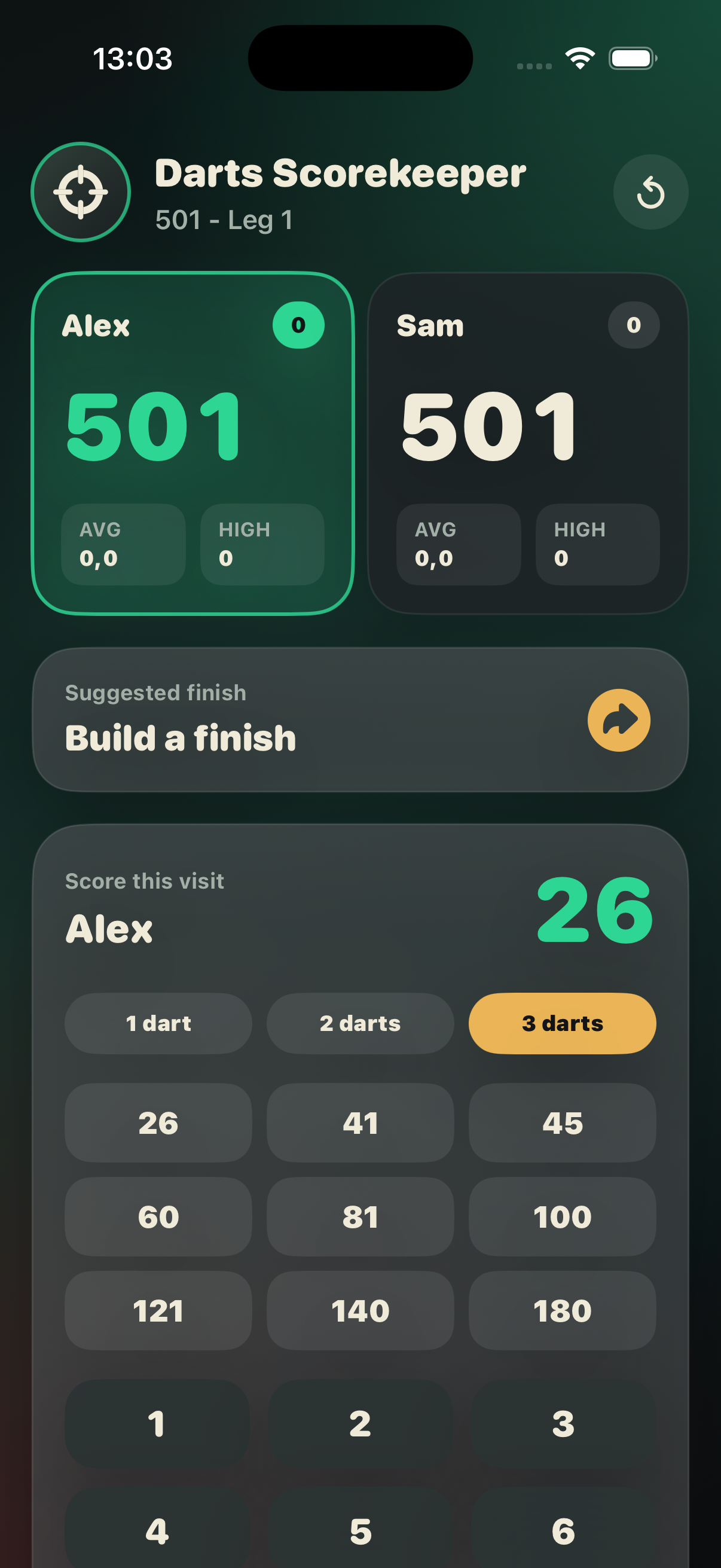 Darts Scorekeeper score entry screen with quick scores and numeric input.