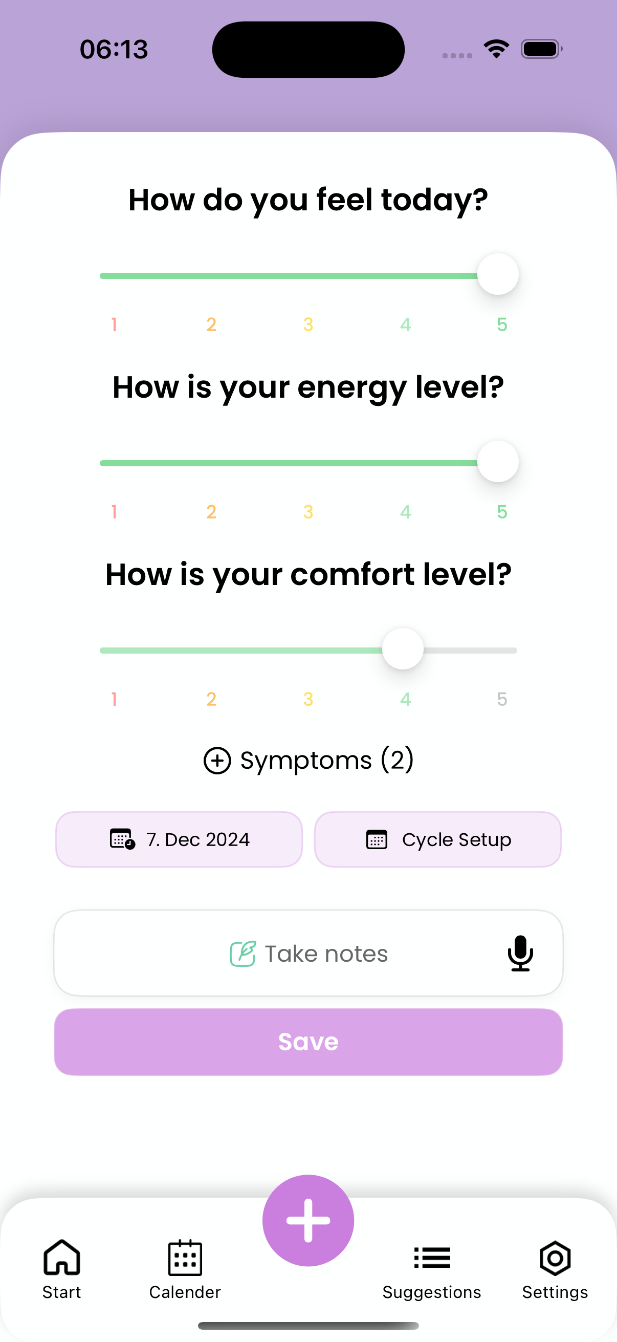 Flower entry screen for logging mood, energy, comfort, symptoms, and journal notes.