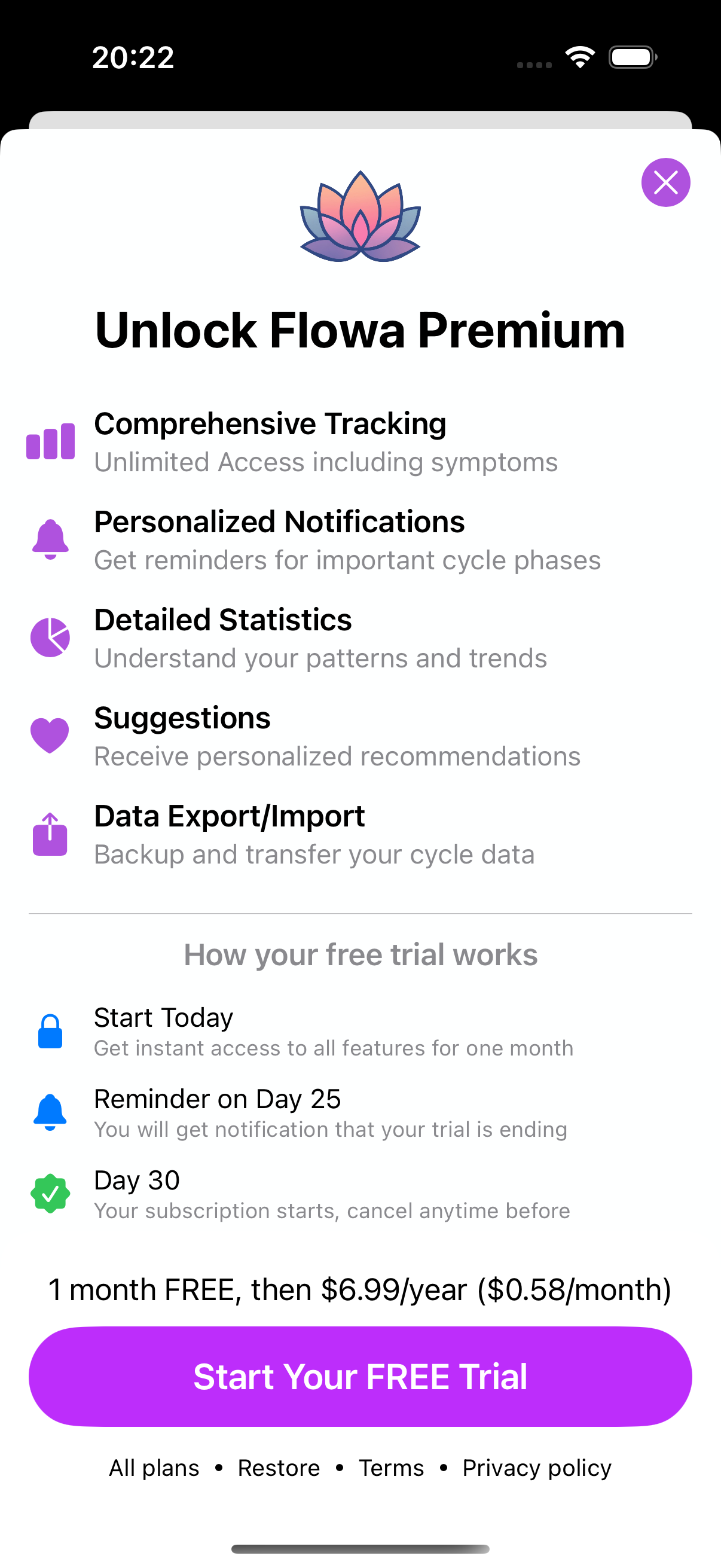 Flower premium screen showing cycle tracking, notifications, statistics, recommendations, and data export features.