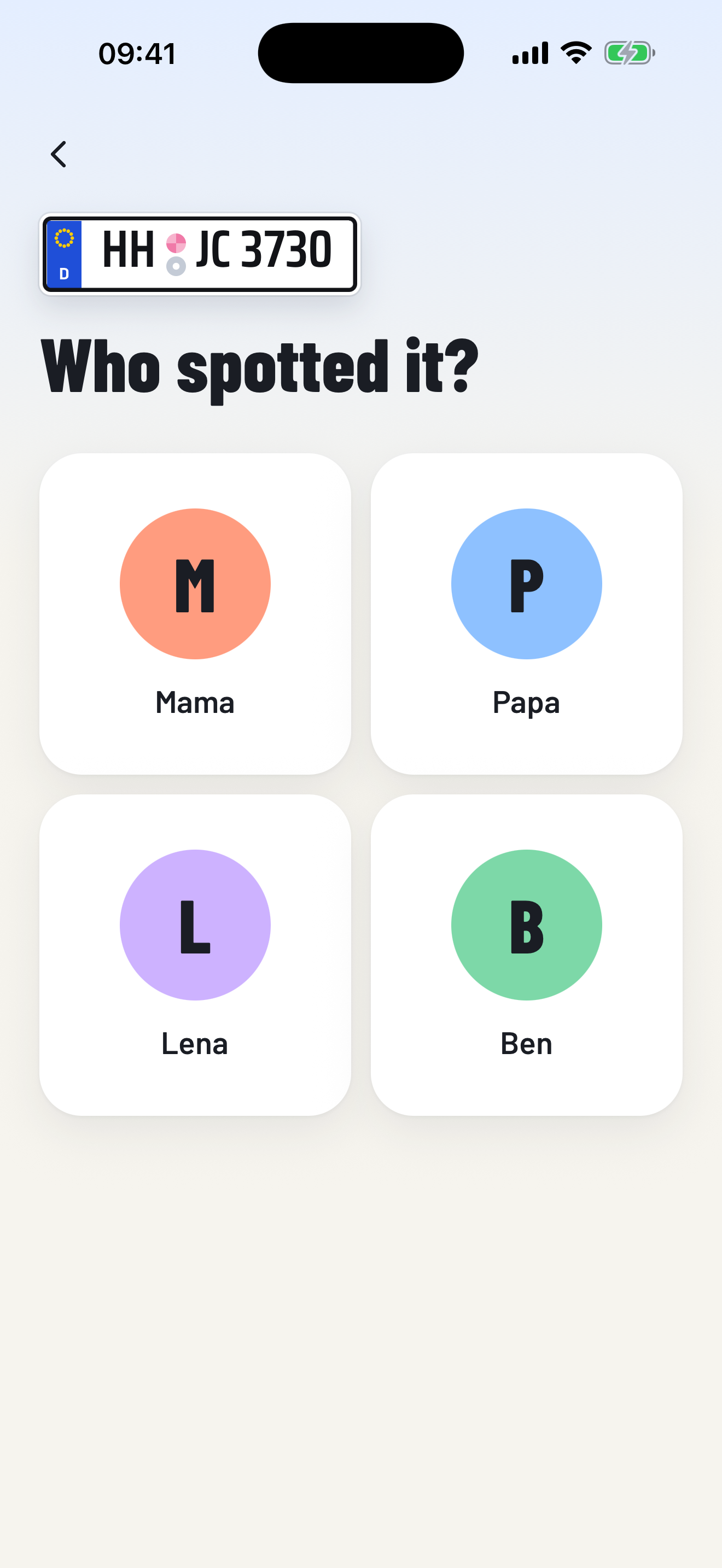 Kennzeichensammler ride screen: choose which family member spotted the plate.