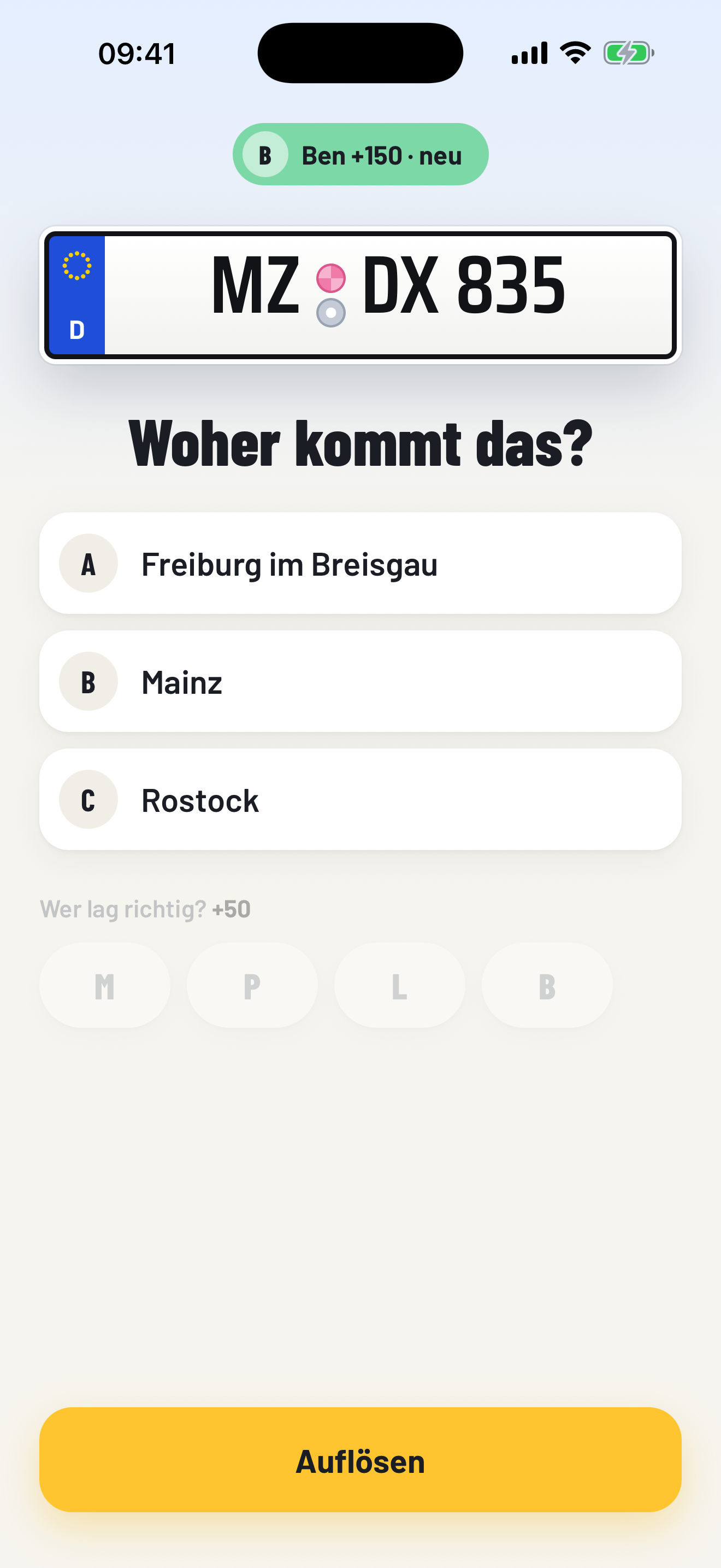 Guessing round with three German towns for a license plate code.
