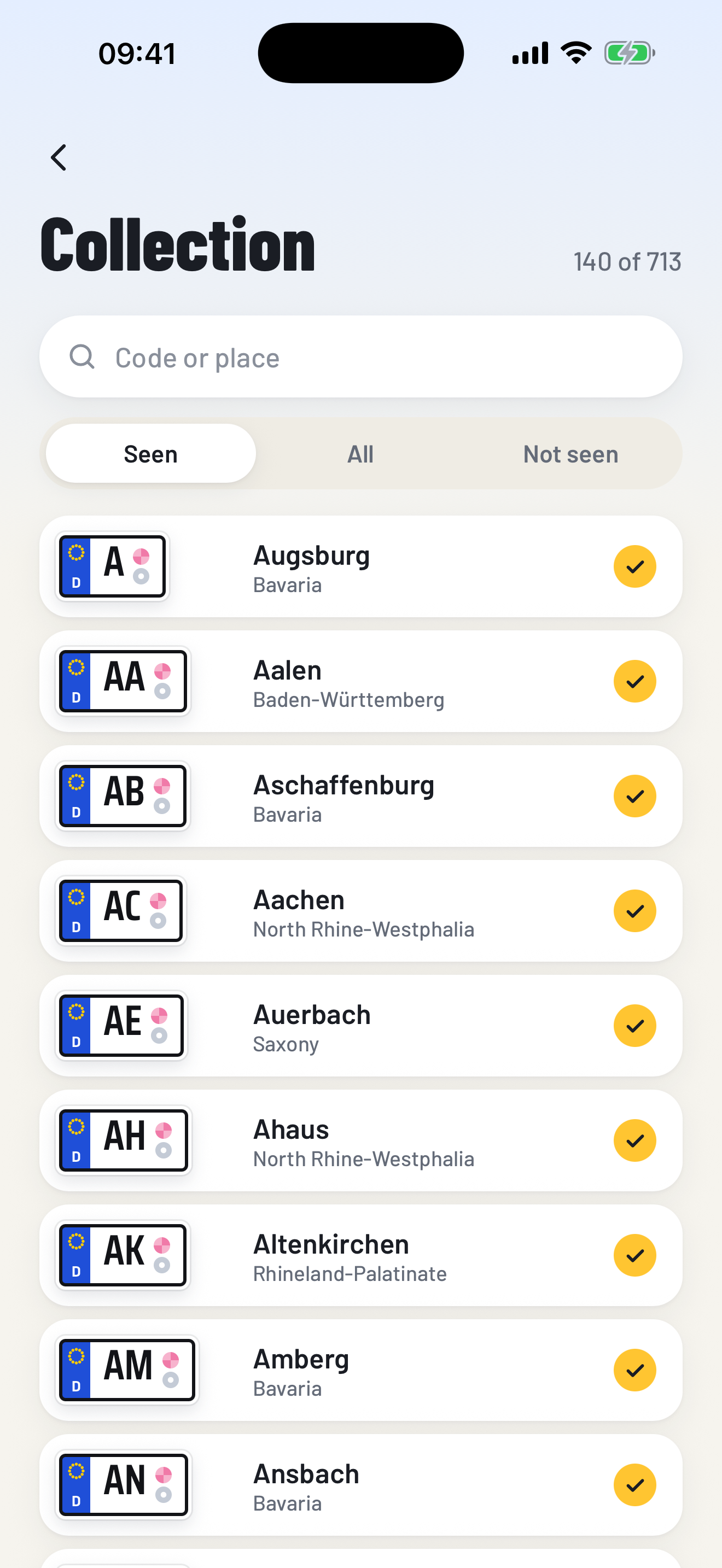 Shared family collection of German license plate codes by federal state.