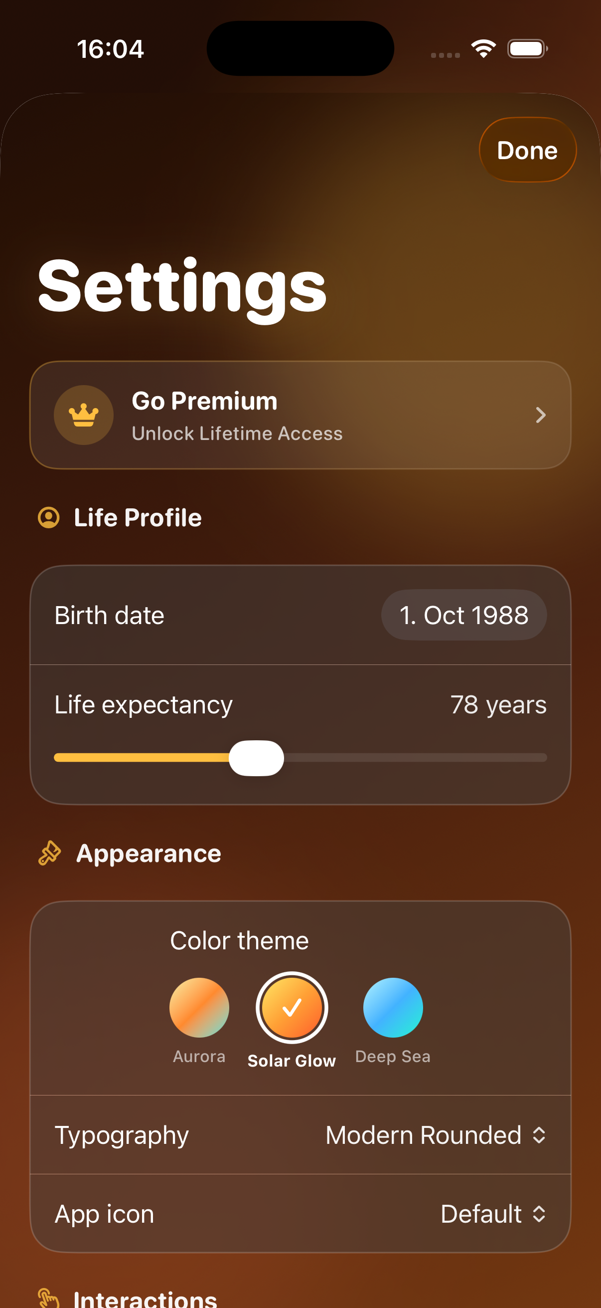 LifeChron settings screen showing life expectancy, preferences, and widget configuration.