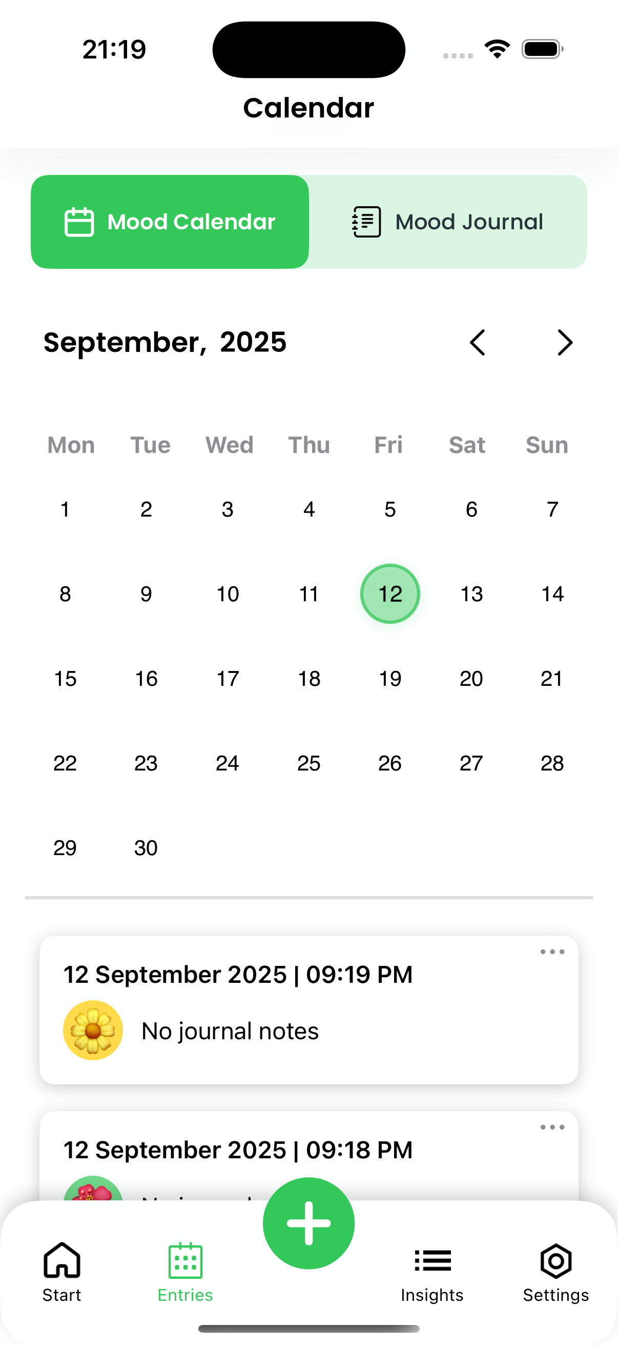 MoodFlora calendar screen showing a monthly mood calendar and journal entries for selected days.