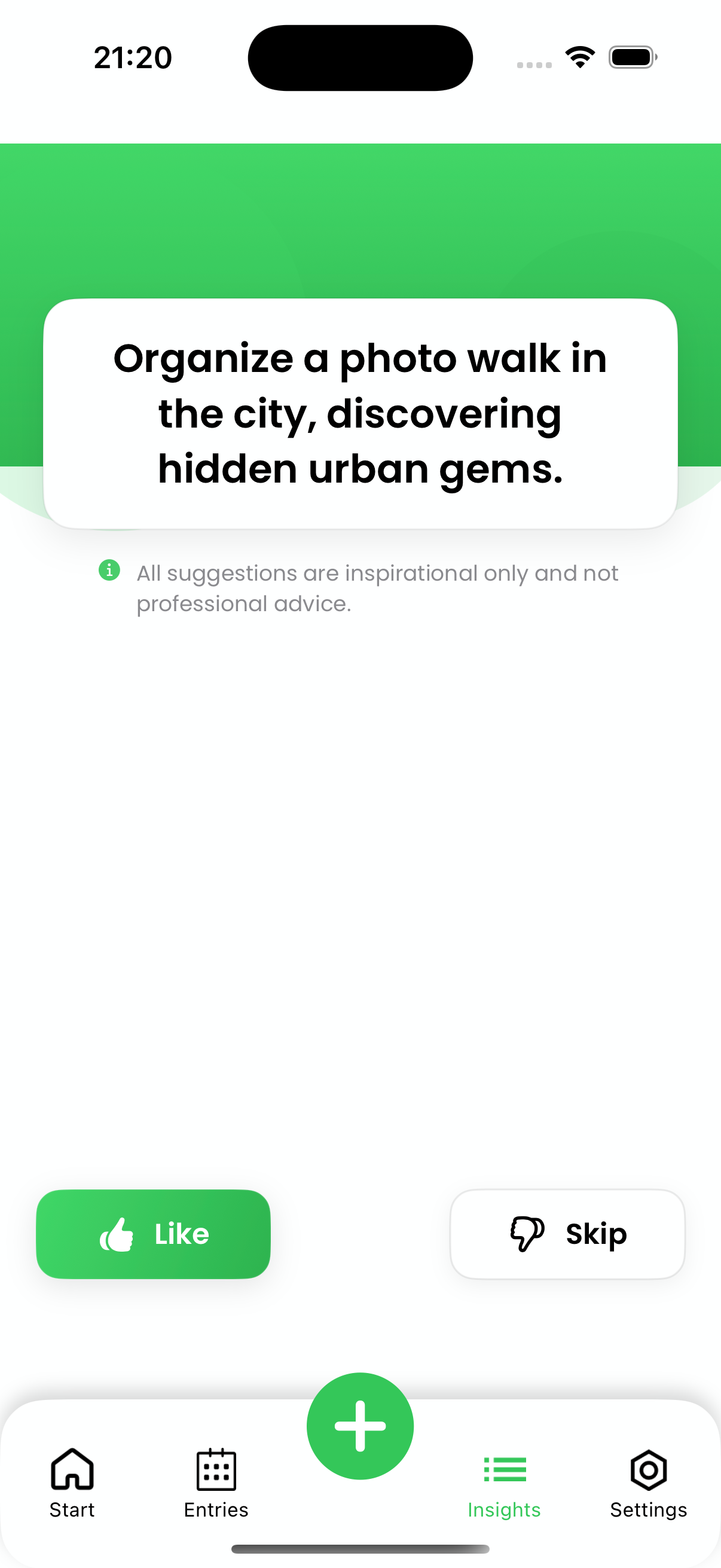 MoodFlora suggestions screen showing an inspirational mood activity and like or skip actions.