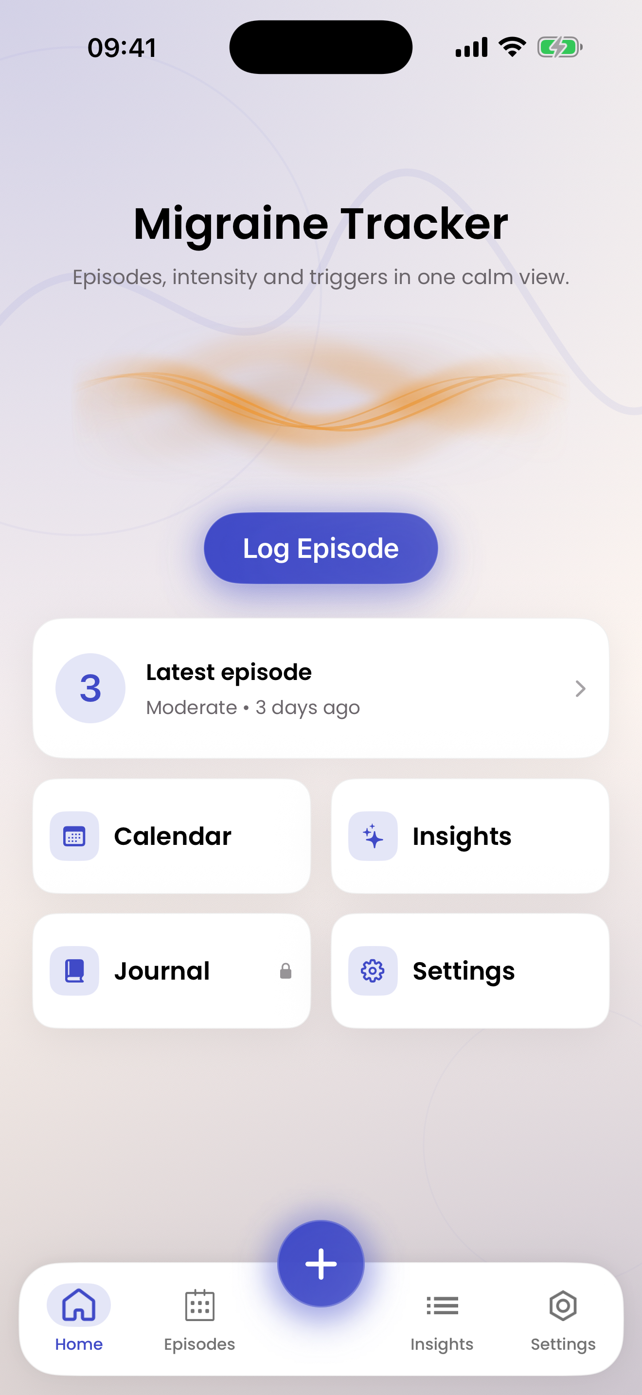 My Grain Tracker home screen showing a migraine tracker dashboard with latest episode, calendar, insights, journal, and settings.