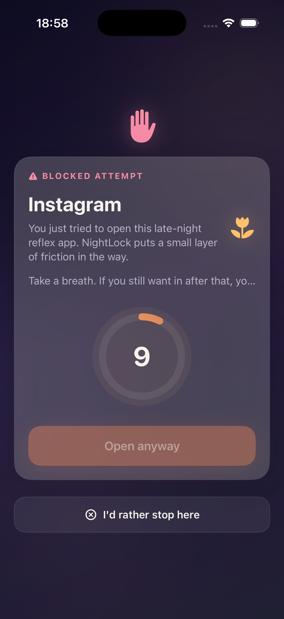 NightLock pause screen adding friction before a selected late-night scroll app opens.