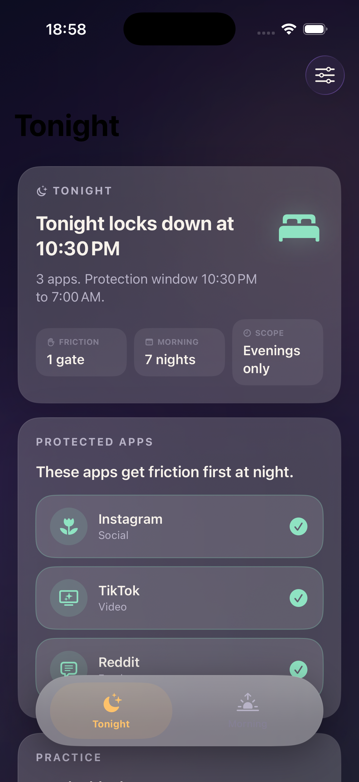NightLock tonight screen showing the active bedtime blocker status and selected protected apps.