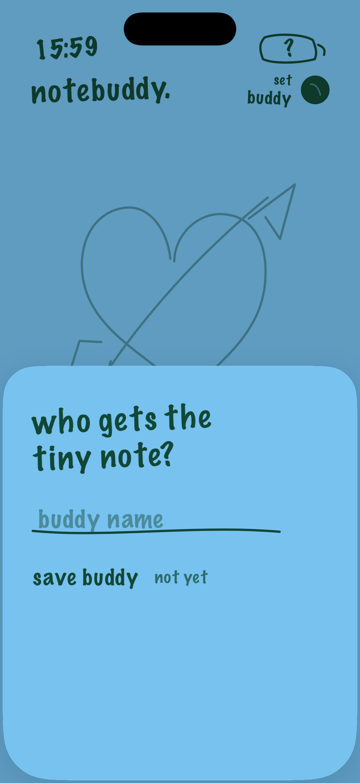 NoteBuddy buddy setup screen for choosing the person who receives love messages and drawings.