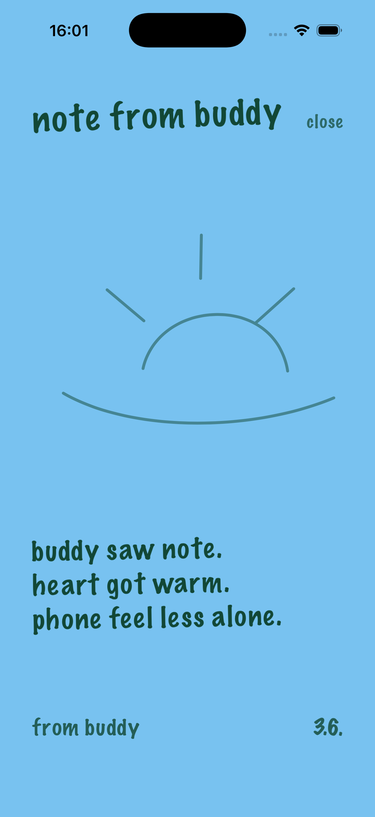 NoteBuddy received note screen showing a sweet message opened in the Sun Place.