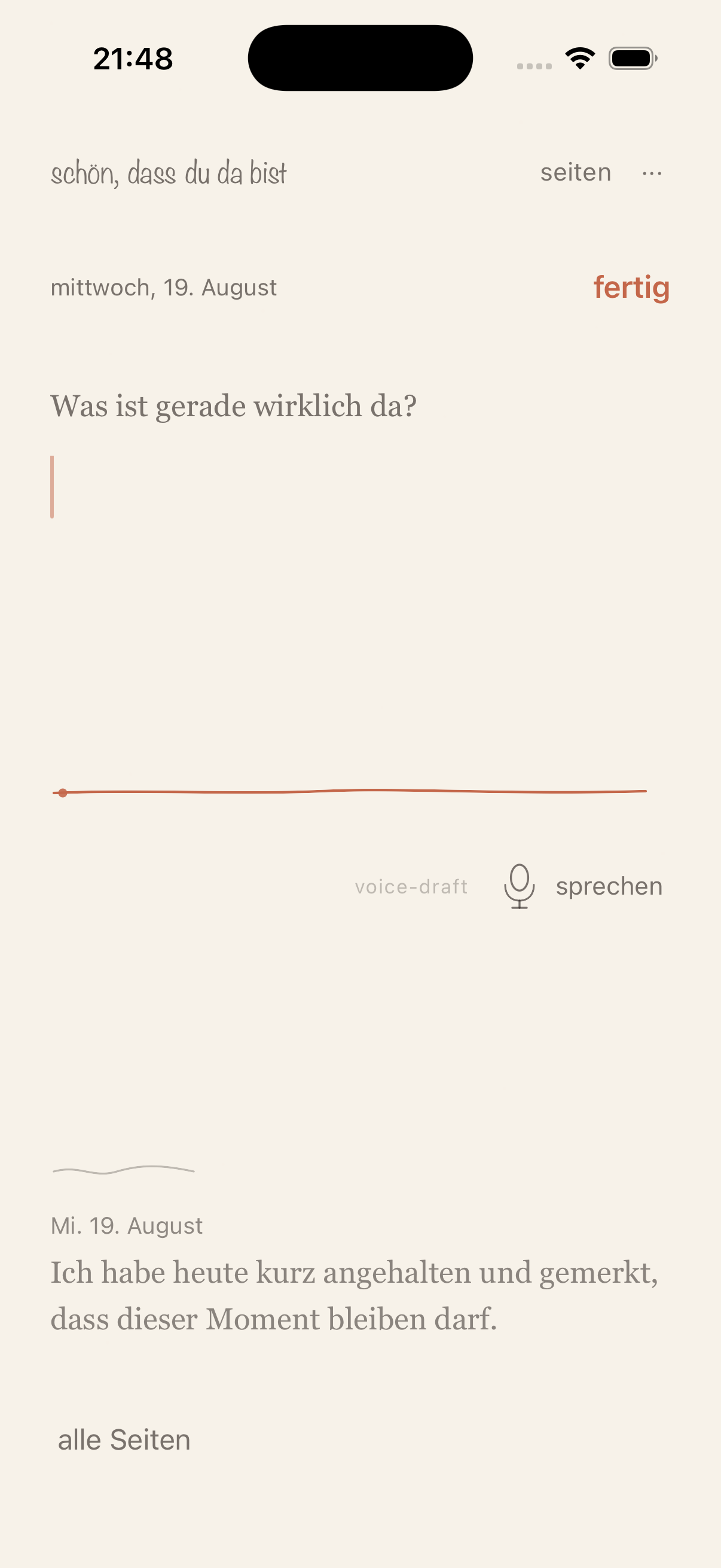 One Sentence compose screen with the prompt and a focused writing field.