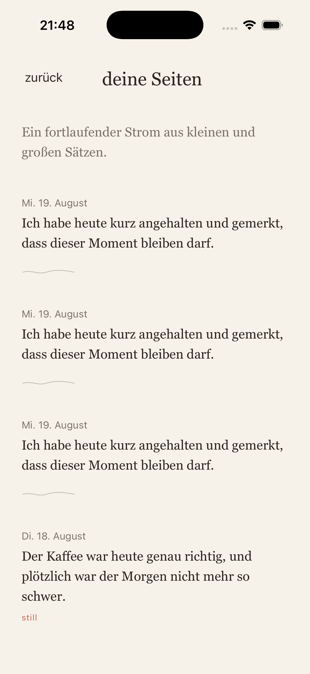 One Sentence Pages screen showing an earlier journal entry in the quiet archive.