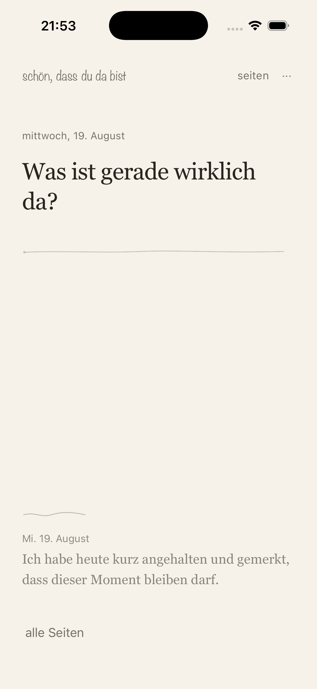One Sentence saved entry screen showing one finished daily thought and mood.