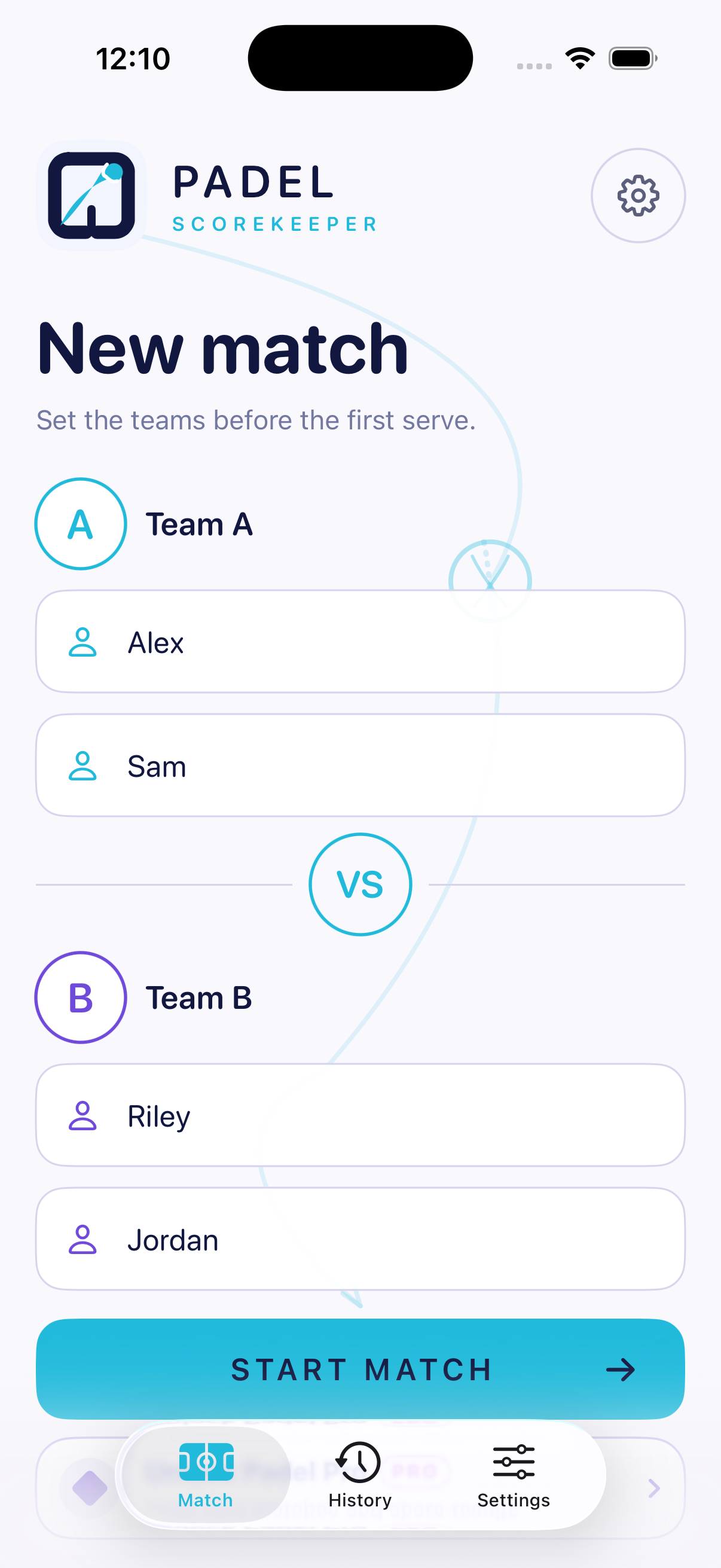 Padel Scorekeeper setup screen with two teams and four player names.