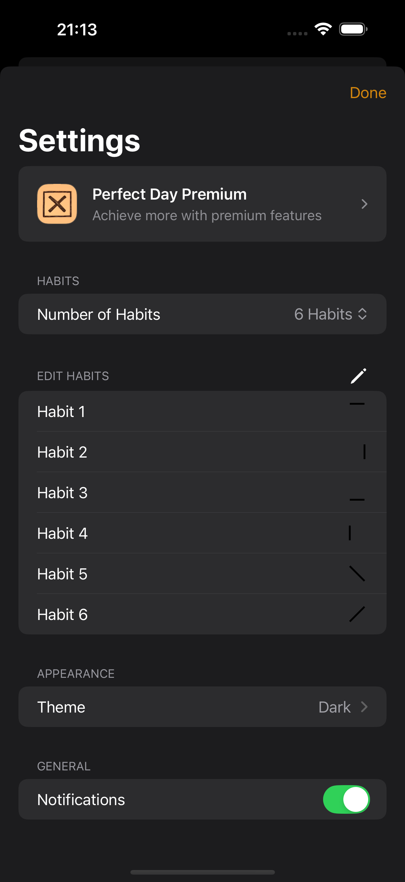 Perfect Day settings screen showing premium access, number of habits, editable habit slots, theme selection, and notifications.