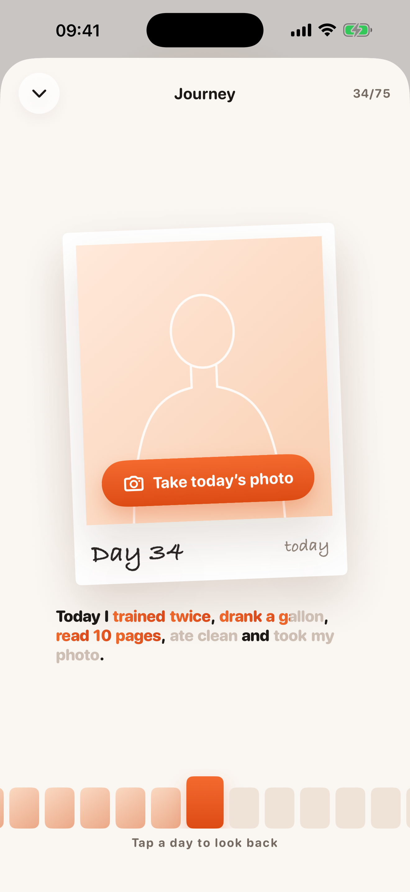 Perfect75 journey: a polaroid of today and a film strip of all 75 days.