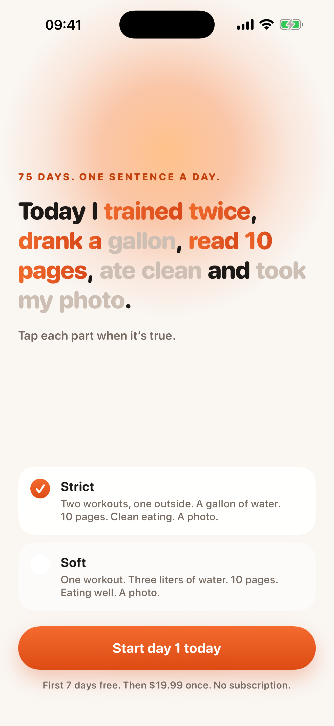 Perfect75 start screen: pick Strict or Soft rules and start day 1.