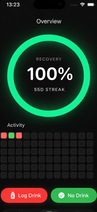 QuitERGY drink counter screen showing an energy drink log and daily caffeine progress.