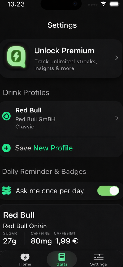 QuitERGY reminders screen showing supportive cues for reducing energy drink habits.