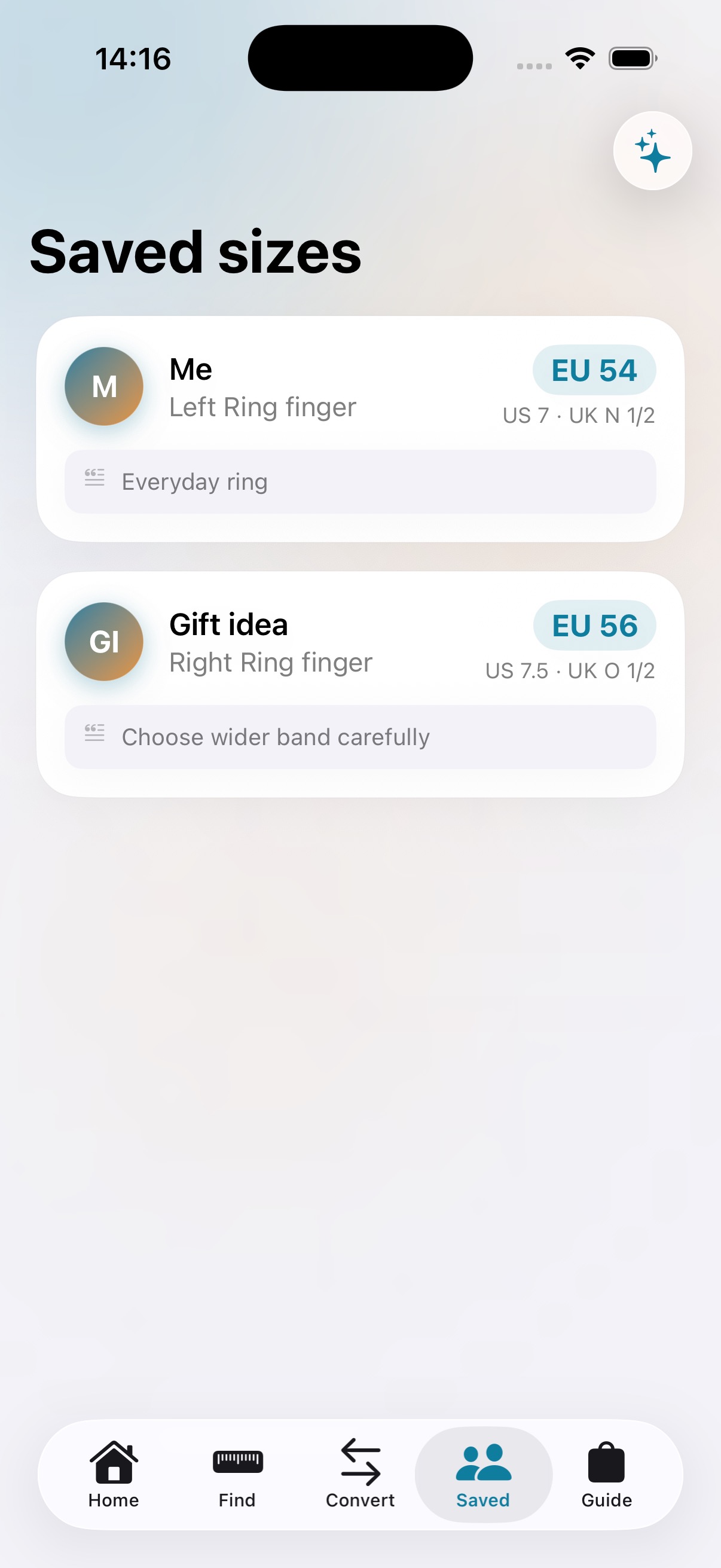 Ring Sizer saved sizes screen with local ring size entries for different fingers and gift ideas.