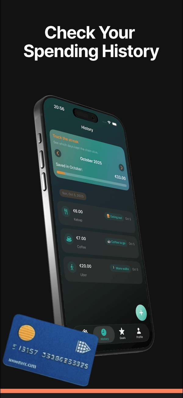 SaveTap history screen showing logged savings choices and daily money-saving progress.