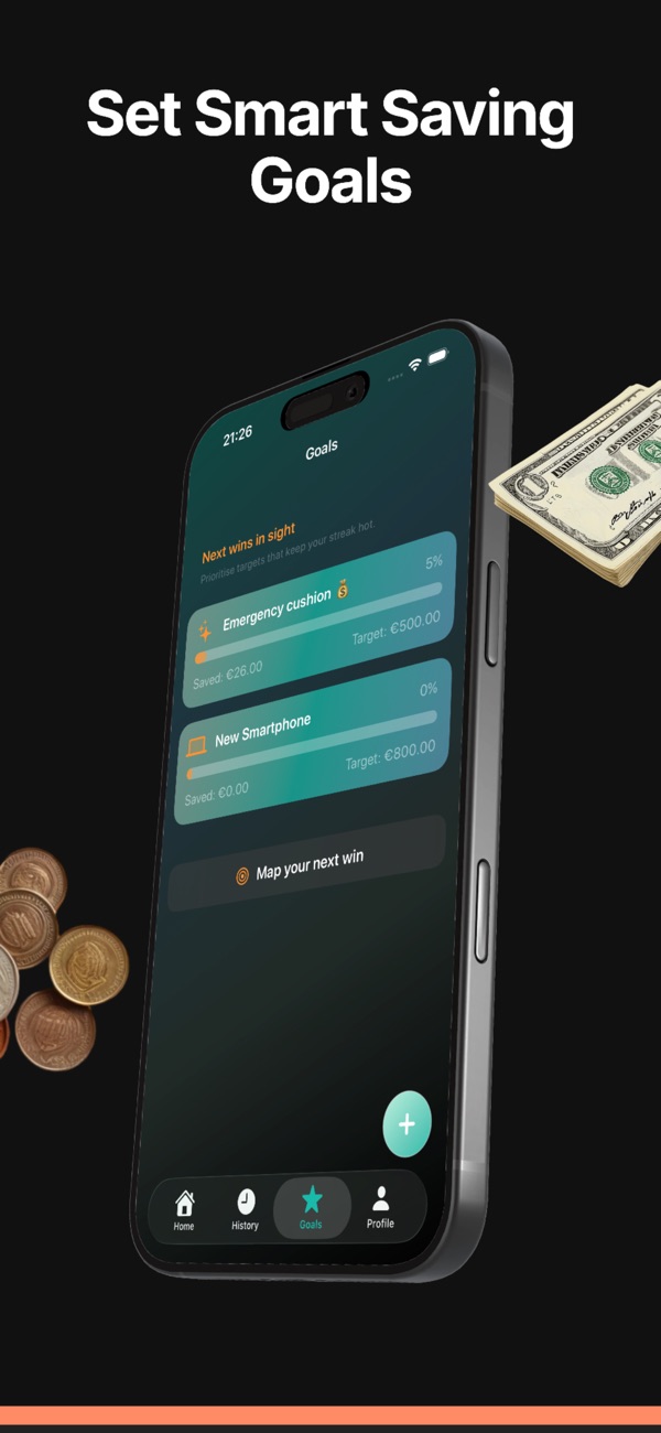 SaveTap insights screen showing charts, streaks, and savings progress over time.