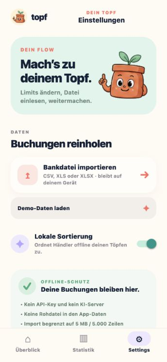 Topf Budget settings screen showing local bank-file import, offline sorting, and editable pot limits.