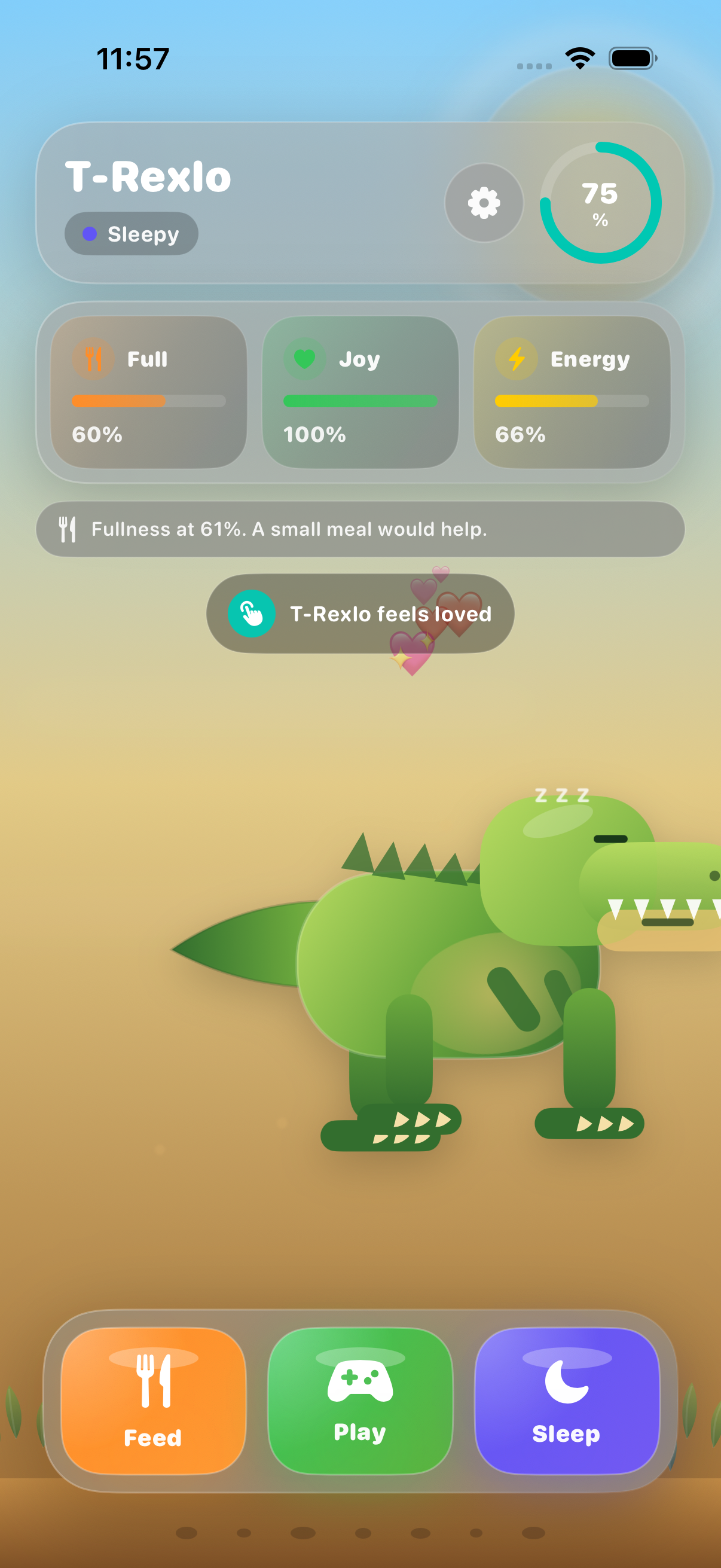 T-Rexlo care interaction screen showing the virtual T-Rex feeling loved after a touch interaction.