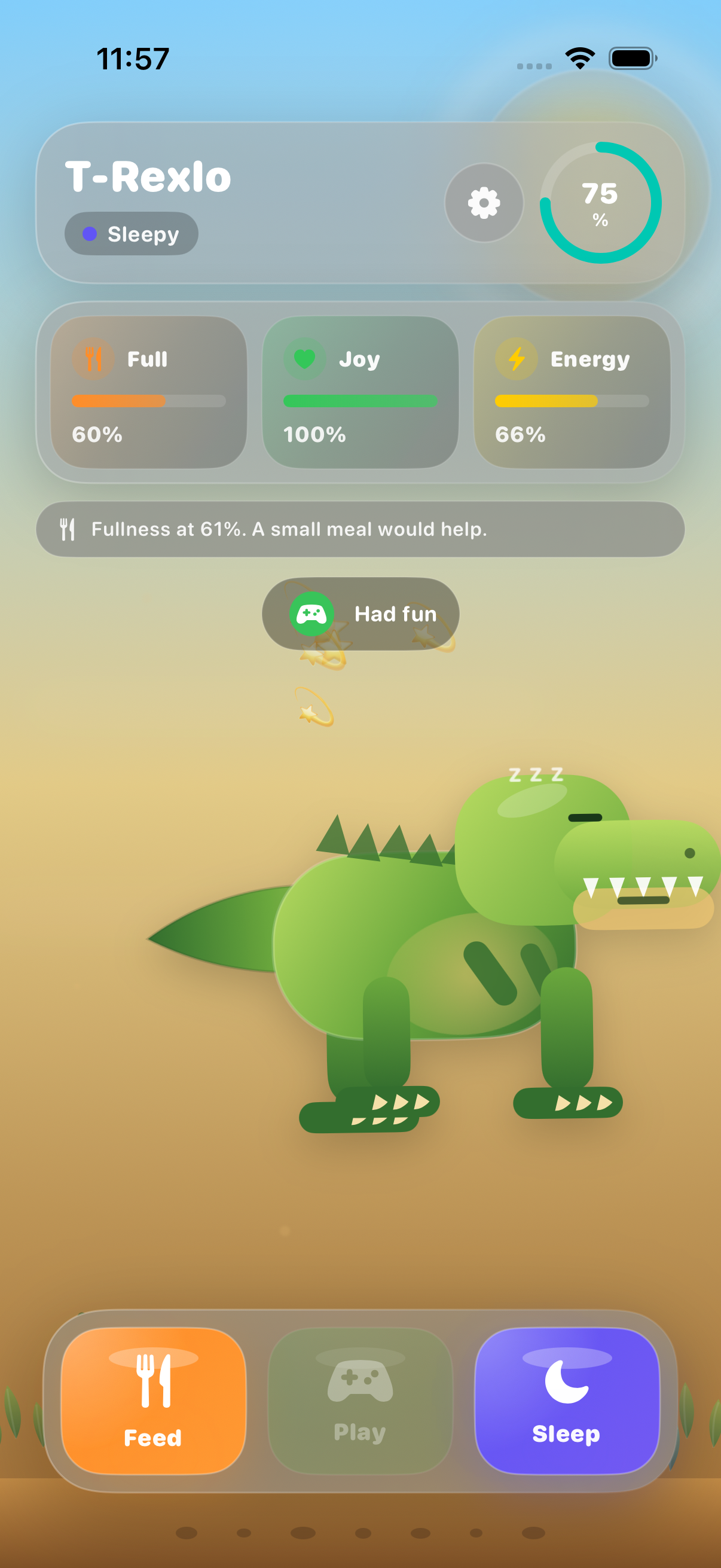 T-Rexlo play interaction screen showing the virtual T-Rex after a fun play action with updated joy and care scores.